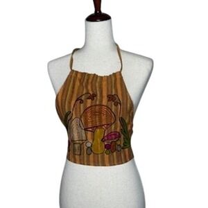 Lakhays Mushroom Embroidered Halter Top Striped Boho Festival Crop Top NWT